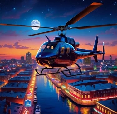 a helicopter helicopter flying over a city at night