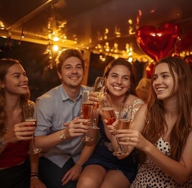 Smiling friends toast with champagne at a festive new year's eve party with warm lights. 
