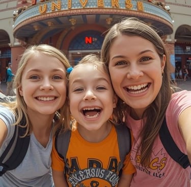 a mother with 2 children in front o nickelodeon universe