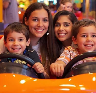 a mother with 3 children in a roller coaster
