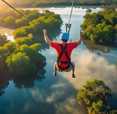 a man is zipping through a zip line in the air