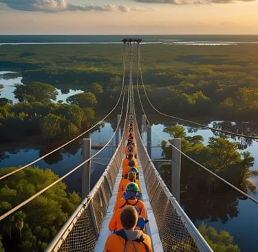 a group of people walking across a suspension bridge