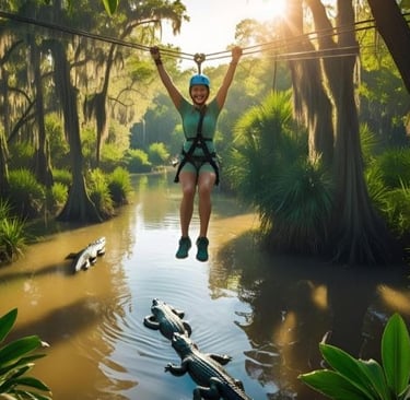 a woman is hanging on a zip line in the jungle