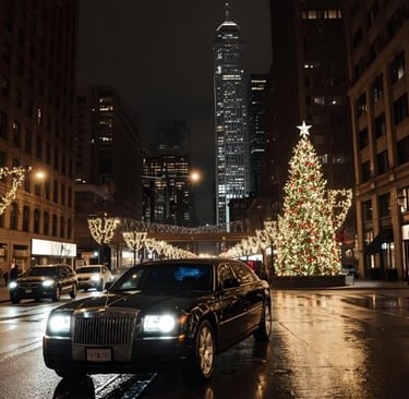 limousine drives in new york with al lot of christmas lights