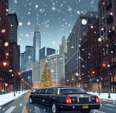 limousine drives in new york with al lot of christmas lights
