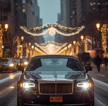 limousine drives in new york with al lot of christmas lights