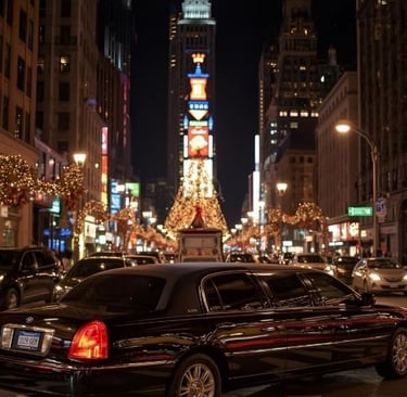 limousine drives in new york with al lot of christmas lights