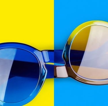 a pair of sunglasses with a pair of sunglasses on a yellow and blue background