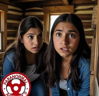two women standing in a cabin with a skull and crossboned