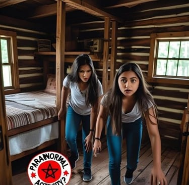 two girls standing in a cabin with a star on the floor