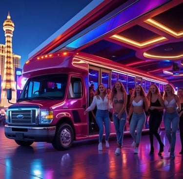 Group of women in front of a party bus