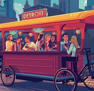 people enjoying a pedal pub tour in Detroit