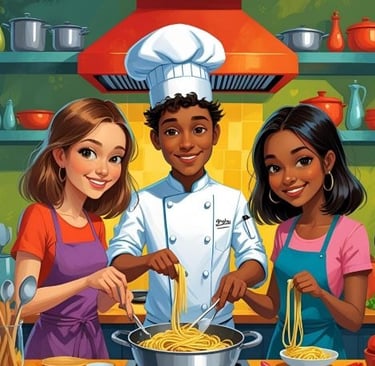 a cartoonish illustration of a chef and two women cooking spaghetti