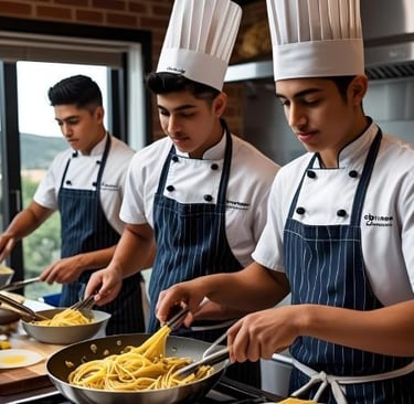 a group of chefs in uniform cooking in a restaurant