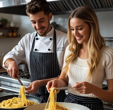 a man and woman cooking spaghettina pasta