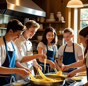 a group of people in aprons cooking in a kitchen