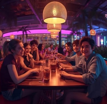 a group of people sitting at a table with drinks