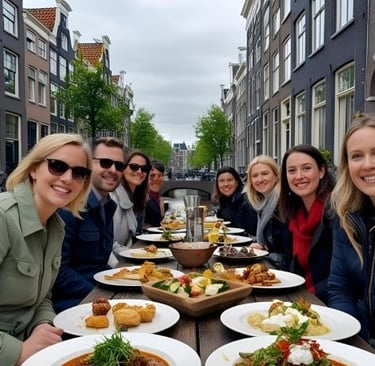 Friends enjoy a group dinner at an outdoor table along a scenic Amsterdam canal with historic houses.