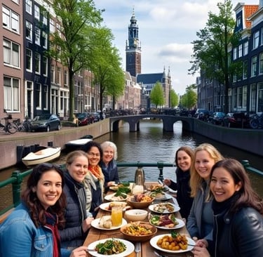Friends enjoy a private canal boat dinner cruise past historic buildings in Amsterdam.