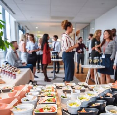 a buffet table with a variety of food and drinks