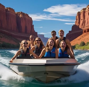 a group of people riding a boat on a river