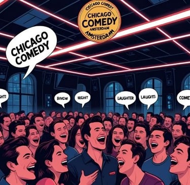 Crowd laughing at a Chicago Comedy club in Amsterdam with speech bubbles and neon lights.