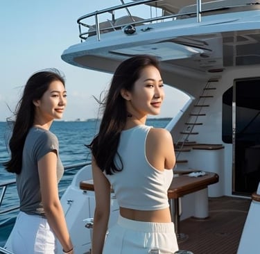 two women standing on a boat 
