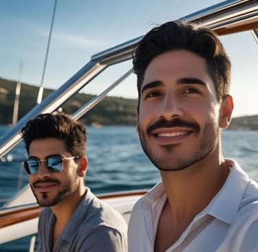 two men sitting on a boat in the ocean
