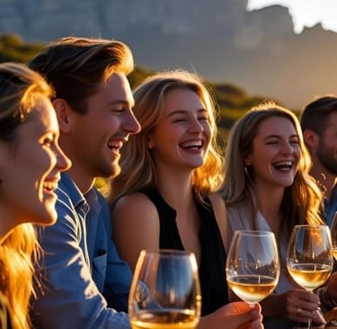 a group of people sitting at a table with wine glasses