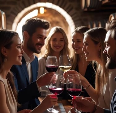 a group of people are enjoying wine and wine
