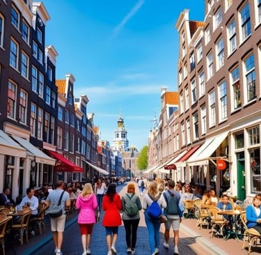 Tourists walking through a historic Amsterdam street lined with traditional Dutch architecture and outdoor cafes.