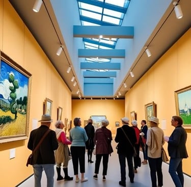a group of people walking through a museum