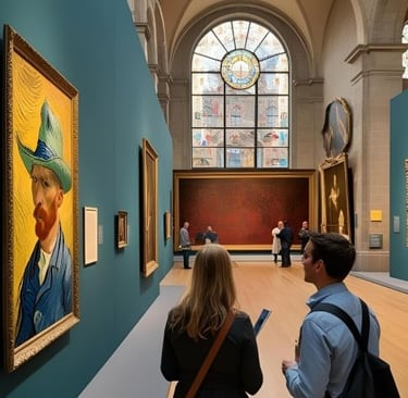 Visitors viewing Vincent van Gogh self-portrait in a spacious art museum gallery.
