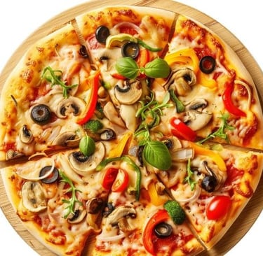 a pizza with mushrooms and mushrooms on a wooden board