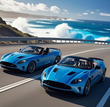 two aston cars driving on a highway