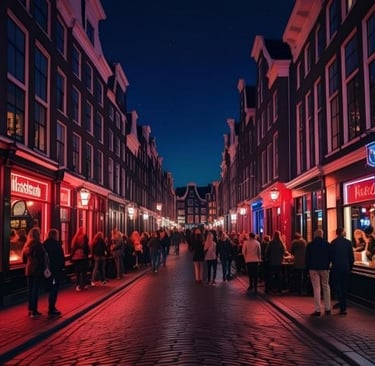 Crowded street in the Amsterdam Red Light District at night with glowing red neon signs and historic architecture.