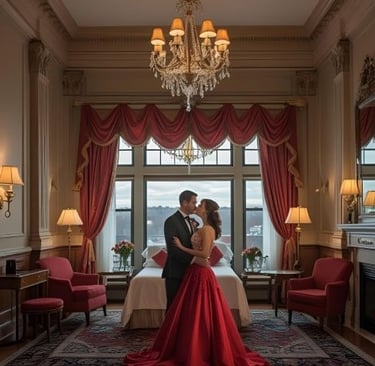 a bride and groom standing in a hotel room