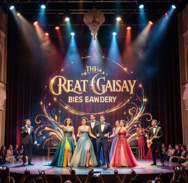 Musical theater performers in formal attire on a stage during a Great Gatsby themed production.