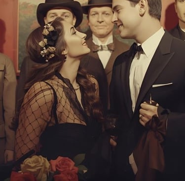 a man and woman in formal attire standing in front of a group of men