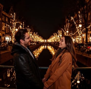 A smiling couple holding hands on an Amsterdam bridge at night with festive lights reflecting in the canal.