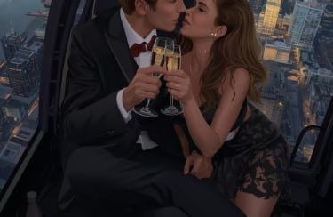 a man and woman kissing in a helicopter with champagne