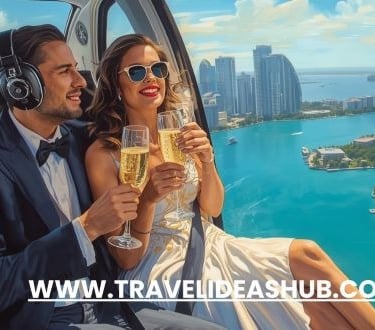 a man and woman are enjoying champagne in a helicopter