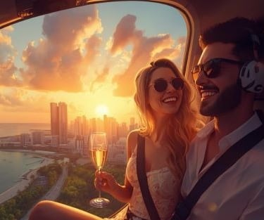 a man and woman in a helicopter