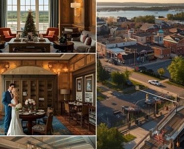 couple in a romantic room in a hotel and a photo of traverse city