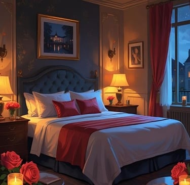 a  hotel bed room with a bed and candles