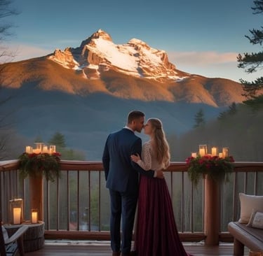 a couple standing on a deck deck with candles and candles