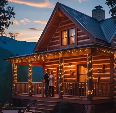 a couple standing on a porch with a mountain view