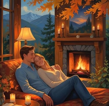 a man and woman sitting on a couch in front of a fireplace