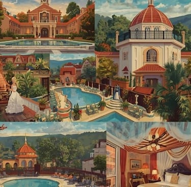 a painting of a hotel room with a pool and a pool