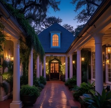 a house with a large courtyard and a walkway